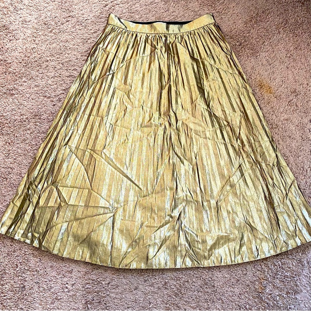 J Crew Collection pleated chiffon lame metallic gold midi skirt